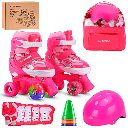 Комплект (ролики-квады, защита, шлем), передние колеса со светом, M размер (34-38),  цвет розовый в/к в Джамбо Тойз