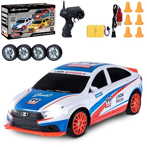 AUTODRIVE Р/У Машина для дрифта LADA Vesta,М1:24,2.4GHz,4WD,свет фар,4 доп.колеса,конусы,с аккум.,цв. триколор,в/к 24,1*10,3*23,7см в Джамбо Тойз