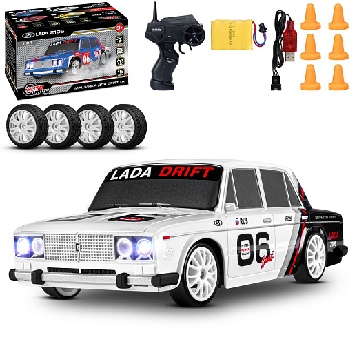 AUTODRIVE Р/У Машина для дрифта LADA 2106,М1:24,2.4GHz,4WD,свет фар,4 доп.колеса,конусы,с аккум.,цв. белый/серебро/черн.,в/к 20,5*13*13см в Джамбо Тойз