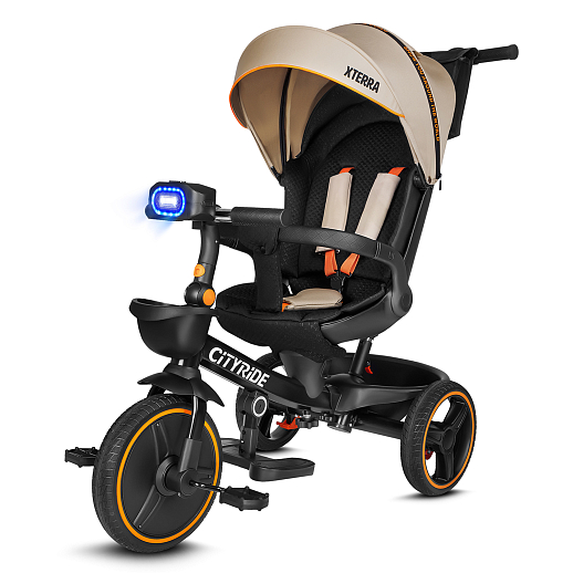 Трехколесные велосипед CITYRIDE, металл,  колеса PVC 12"/10", попрот. наколон. Сиденье с крышей,  род ручка, наклон руль, функц. фара, тормоз, корзинка в Джамбо Тойз