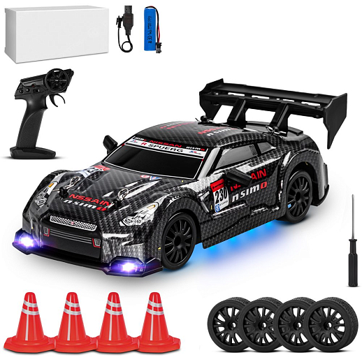 Р/у машина для дрифта 1:24,свет фар,подсветка днища,2 скорости,сменные шины 4шт,конусы 4шт, цвет черный,в белой кор. 22*12,5*10,3см в Джамбо Тойз