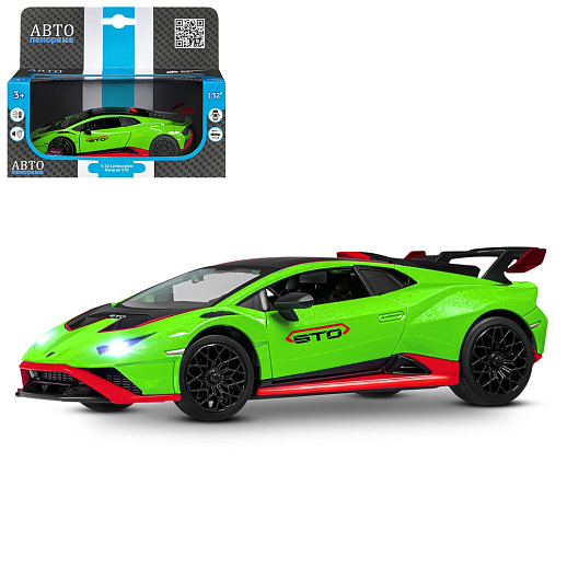 ТМ "Автопанорама" Машинка металлическая, 1:32 Lamborghini STO, зеленый, принт, откр. двери и багажник, свет, звук, инерция, в/к 17,5*12,5*6,5 см в Джамбо Тойз
