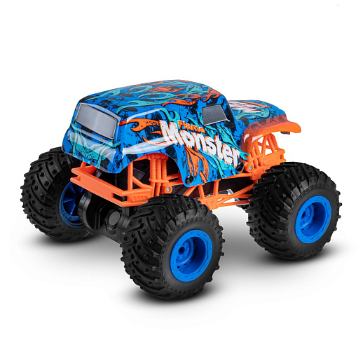 Р/у Монстр-трак, перевертыш, 1:16, 4WD, 3D подсветка корпуса, гироскоп: может ездить на двух колесах, звук.эффекты, цвет голубой с оранжевым, с аккум., в/к 24*20*26 см в Джамбо Тойз #3