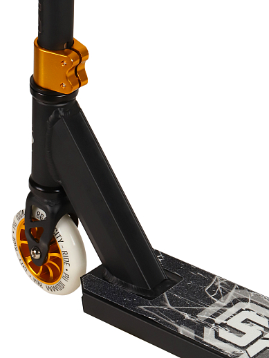 Трюковый самокат CITYRIDE SHOCK. Стальной руль 50х50 см, алюминиевая дека 50х10 см, алюминиевый хомут 2 болта, компрессия HIC. Колеса PU 100 мм, подшипник Abec-9, золото в Джамбо Тойз #5