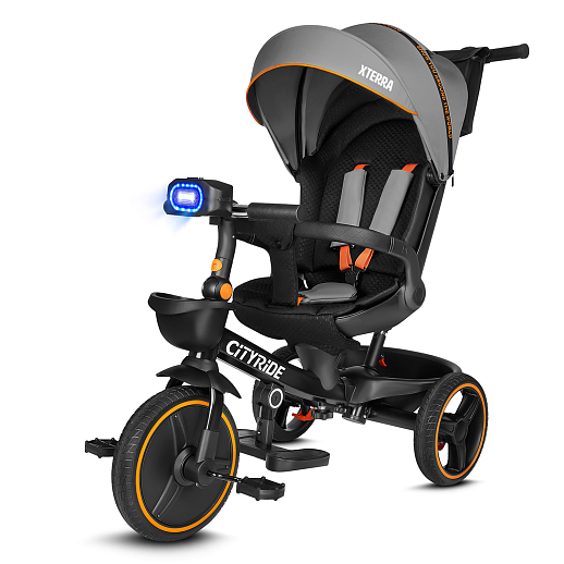 Трехколесные велосипед CITYRIDE, металл,  колеса PVC 12"/10", попрот. наколон. Сиденье с крышей,  род ручка, наклон руль, функц. фара, тормоз, корзинка в Джамбо Тойз