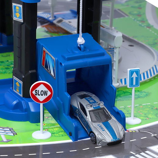 AUTODRIVE Парковка "Полиция" с автоматическим лифтом, светом,звуками,озвуч.на рус.языке. В компл: металлический транспорт 4шт., игровой коврик 78*58 см в Джамбо Тойз #7