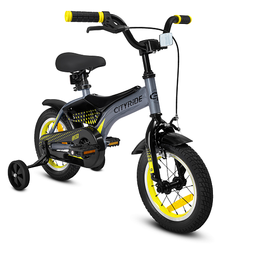 Детский велосипед "Cityride REVO", модель CR-B2-05, рама сталь, кожух цепи 100%, обода алюм. 12", втулки сталь, покрышки 2,125, страх. колеса, руль сталь. вынос сталь, задние ножные тормоза, передний клещевой, звонок, крылья пластик, отражатели пер/зад и на спицах, цвет серый-жёлтый в Джамбо Тойз