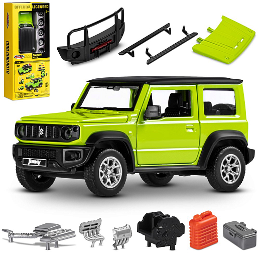 Машинка металлическая 1:32 Suzuki Jimny 2018, зеленый, тюнинг, откр. двери, свободный ход колес, в/к 23,5*10*4 см в Джамбо Тойз