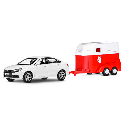ТМ "Автопанорама" Машинка металлическая 1:43, LADA VESTA белая, откр. 2 двери., инерция + прицеп для лошади в Джамбо Тойз #2