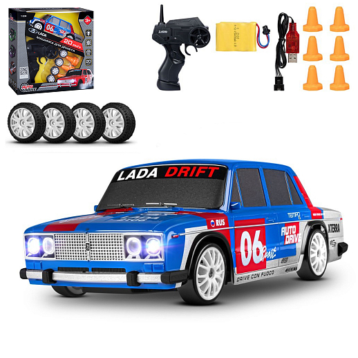 AUTODRIVE Р/У Машина для дрифта LADA 2106,М1:24,2.4GHz,4WD,свет фар,4 доп.колеса,конусы,с аккум.,цв.синий/серебро/красн.,в/к 24*10,3*23,7см в Джамбо Тойз