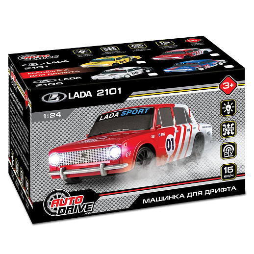 AUTODRIVE Р/У Машина для дрифта LADA 2101,М1:24,2.4GHz,4WD,свет фар,4 доп.колеса,конусы,с аккум.,цв. красный с белыми акцентами,в/к 20,5*13*13см в Джамбо Тойз #14