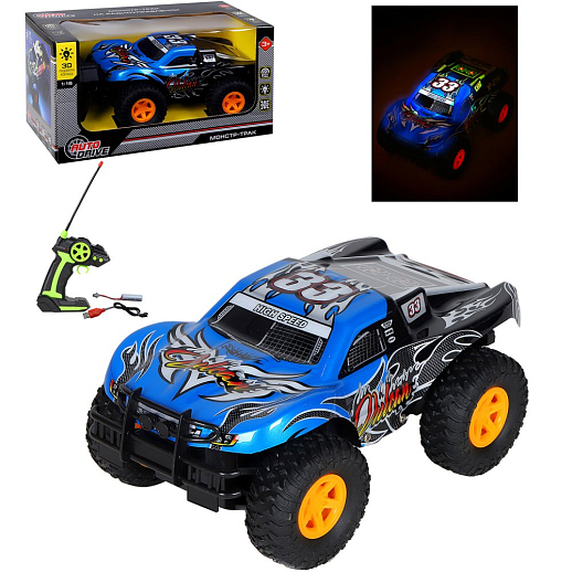 Р/У AUTODRIVE Монстр-трак с 3D подсветкой корпуса,М1:16,4 канала,с аккум,цв.синий, в/к 31,5*16,5*17см в Джамбо Тойз