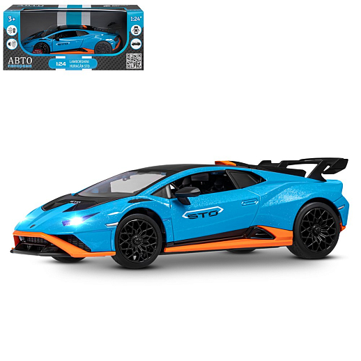 ТМ "Автопанорама" Машинка металлическая, 1:24  Lamborghini  Huracán STO, голубой, откр. двери и капот, свет, звук, свободный ход колес, в/к 24,5х12,5х10,5 см в Джамбо Тойз
