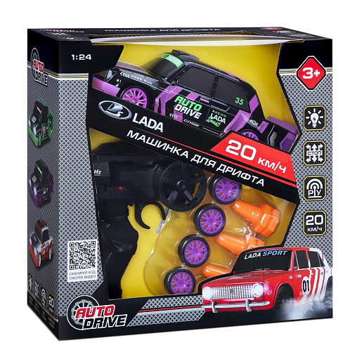 AUTODRIVE Р/У Машина для дрифта LADA 2105,М1:24,2.4GHz,4WD,свет фар,4 доп.колеса,конусы,с аккум.,цв. черный с фиолет.акцентами,в/к 24*10,3*23,7см в Джамбо Тойз #2