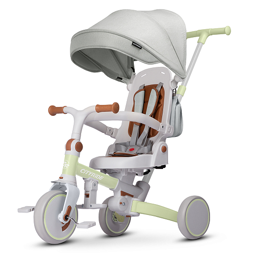 Детский трехколесный велосипед "CITYRIDE". Рама алюминий, может трансформироваться, подножки, колеса 8/7 EVA, капюшон, род. ручка,  зелено-серый в Джамбо Тойз