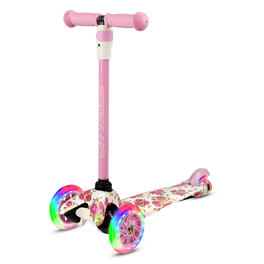 Самокат трехколесный CITY-RIDE (пакет). Руль телеск.: алюминий с резин.рукояткой. Дека: PP+нейлон гидрографика, размеры 51*11 см. Колеса: 120/76 PU со светом. Подшипник: Аbec-5. Максимальная нагрузка: 35кг. Возраст: от 3 лет. в Джамбо Тойз