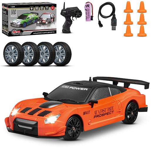 Машинка скоростная для дрифта на радиоуправлении AUTODRIVE, 1:24 2.4G, 4WD, 4 канала: вперед/назад, повороты, сменные шины, свет, с зарядкой, цвет оранжевый, в/к 24,1х10,3х23,7 см в Джамбо Тойз
