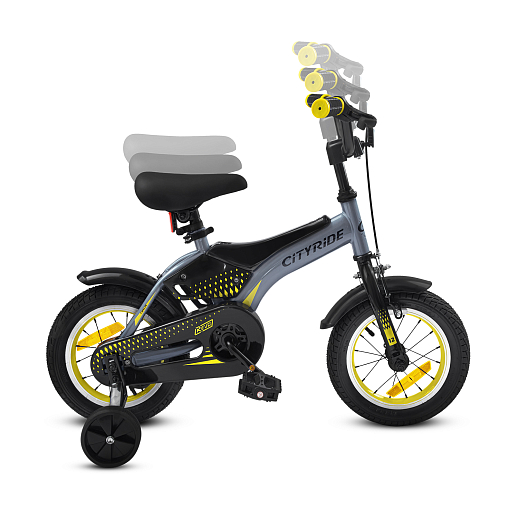 Детский велосипед "Cityride REVO", модель CR-B2-05, рама сталь, кожух цепи 100%, обода алюм. 12", втулки сталь, покрышки 2,125, страх. колеса, руль сталь. вынос сталь, задние ножные тормоза, передний клещевой, звонок, крылья пластик, отражатели пер/зад и на спицах, цвет серый-жёлтый в Джамбо Тойз #8