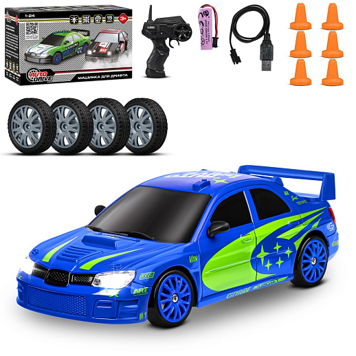 Машинка скоростная для дрифта на радиоуправлении AUTODRIVE, 1:24 2.4G, 4WD, 4 канала: вперед/назад, повороты, сменные шины, свет, с зарядкой, цвет синий, в/к 24,1х10,3х23,7 см в Джамбо Тойз