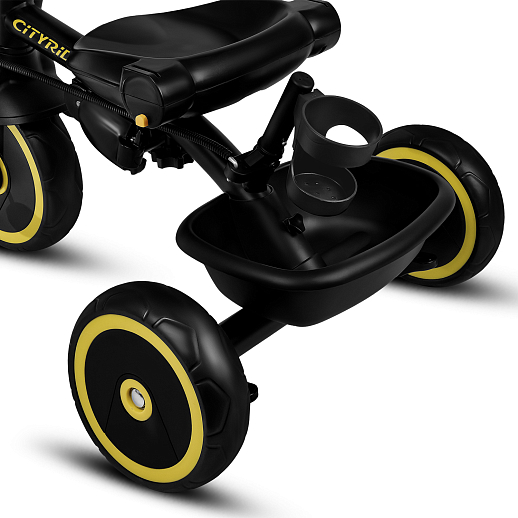 Детский 3хкол. велосипед ”CITYRIDE“ Рама сталь, наклонный руль из магнезия, колясочная крыша, ручка управления с подстаканником, 2 корзины. Колеса EVA 10/8, подножки, тормоза, бампер безопасности. Желто-черный в Джамбо Тойз #20