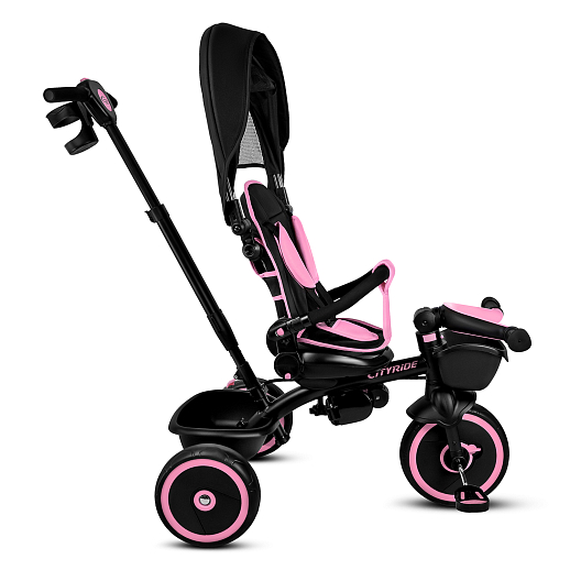 Детский 3хкол. велосипед ”CITYRIDE“ Рама сталь, наклонный руль из магнезия, колясочная крыша, ручка управления с подстаканником, 2 корзины. Колеса EVA 10/8, подножки, тормоза, бампер безопасности. Розово-черный в Джамбо Тойз #6