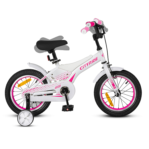 Детский велосипед "Cityride REVO", модель CR-B2-05, рама сталь, кожух цепи 100%, обода алюм. 14", втулки сталь, покрышки 2,125, страх. колеса, руль сталь. вынос сталь, задние ножные тормоза, передний клещевой, крылья пластик, отражатели пер/зад и на спицах, цвет белый розовый в Джамбо Тойз #7