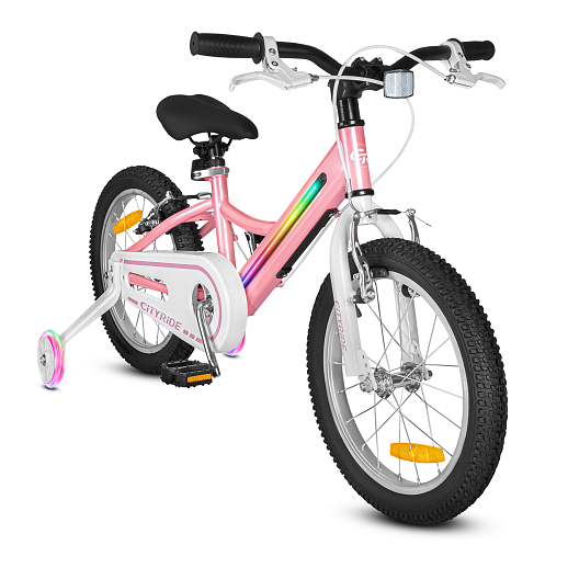 Велосипед двухколесный CITYRIDE, модель CR-B2-11FU, рама сталь, колеса алюминий 16", v-brake тормоза, встроенная в раму подсветка, балансирные колёса, цвет розовый в Джамбо Тойз