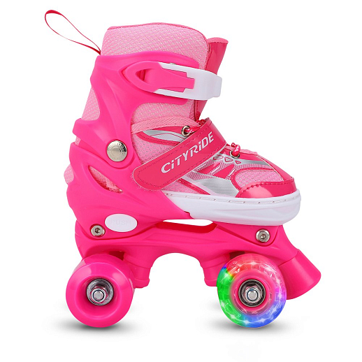 Комплект (ролики-квады, защита, шлем), передние колеса со светом, M размер (34-38),  цвет розовый в/к в Джамбо Тойз #7