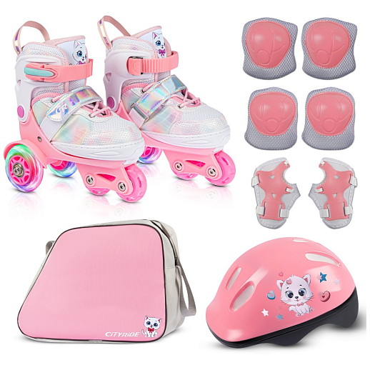 Набор роликов-квадов CITYRIDE, с принтом кошки, шлем, комплект защиты, сумка, колёса PU, текстильный мысок, подшипники ABEC7, розовый-белый, в/к 5сл гофорокартон в Джамбо Тойз