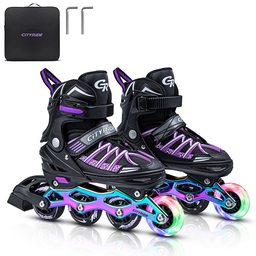Роликовые коньки CITYRIDE, Черный-фиолетовый, PU колеса, переднее колесо со светом, подшипники ABEC 7, анодированная алюминиевая рама, текстильный мысок с резиновыми вставками, в/к 5сл гофрокартон в Джамбо Тойз