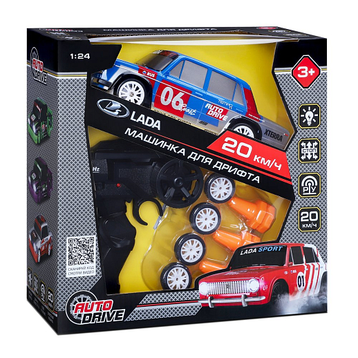 AUTODRIVE Р/У Машина для дрифта LADA 2106,М1:24,2.4GHz,4WD,свет фар,4 доп.колеса,конусы,с аккум.,цв.синий/серебро/красн.,в/к 24*10,3*23,7см в Джамбо Тойз #2