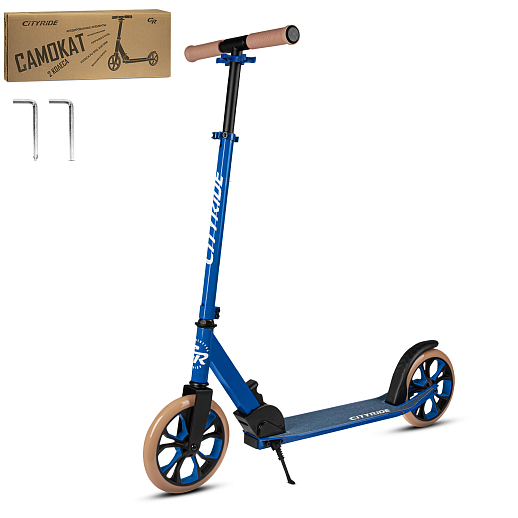 Двухколесный самокат CITYRIDE 200, ал. 50/50%, t-bar сталь, грипсы 135мм TPR, колеса PU 200/200, 86A, подножка, abec 9, голубой в Джамбо Тойз