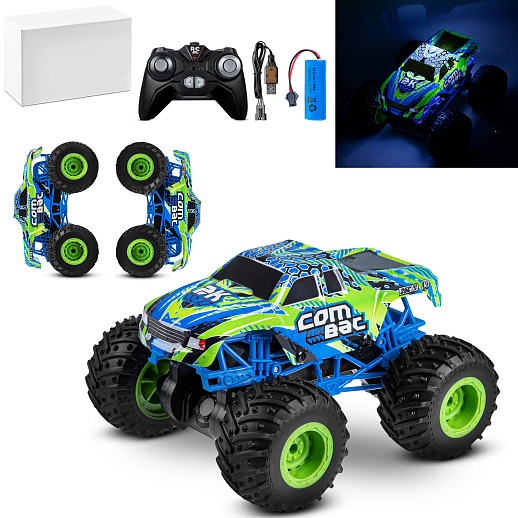 Р/у Монстр-трак, перевертыш, 1:16, 4WD, 3D подсветка корпуса, гироскоп: может ездить на двух колесах, звук.эффекты, цвет зеленый с синим, с аккум., в/к 28*21*18см в Джамбо Тойз