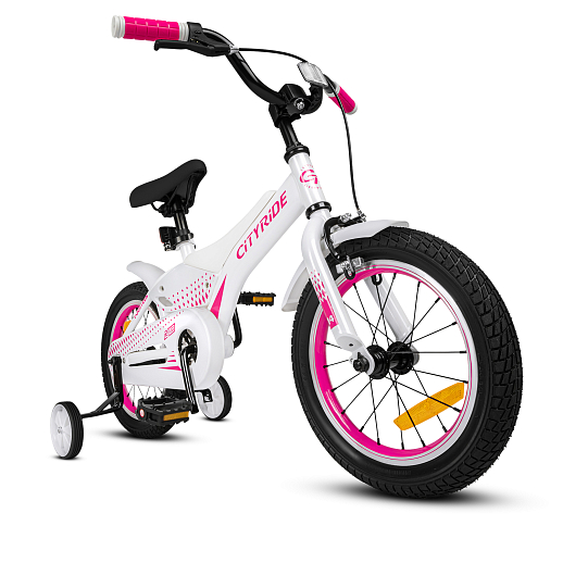 Детский велосипед "Cityride REVO", модель CR-B2-05, рама сталь, кожух цепи 100%, обода алюм. 14", втулки сталь, покрышки 2,125, страх. колеса, руль сталь. вынос сталь, задние ножные тормоза, передний клещевой, крылья пластик, отражатели пер/зад и на спицах, цвет белый розовый в Джамбо Тойз #10