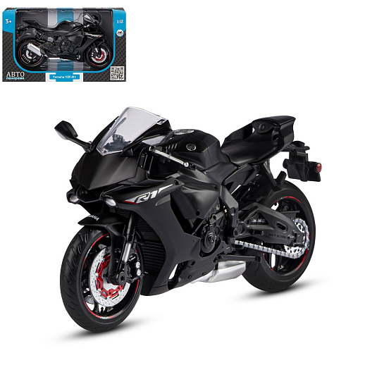 ТМ "Автопанорама" Мотоцикл металл. 1:12 YAMAHA YZF-R1, черный, свободный ход колес, в/к 7,1*11,7*20,6 см в Джамбо Тойз