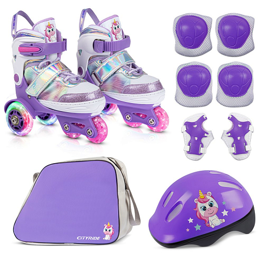 Набор роликов-квадов CITYRIDE, с принтом кошки, шлем, комплект защиты, сумка, колёса PU, текстильный мысок, подшипники ABEC7, фиолетовый-белый, в/к 5сл гофорокартон в Джамбо Тойз