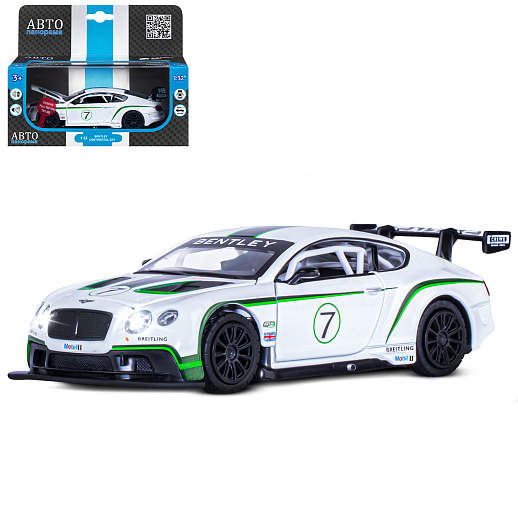 ТМ "Автопанорама" Машинка металлическая 1:32 Bentley Continental GT3, белый, свет, звук, откр. двери и капот, инерция, в/к 17,5*13,5*9 см в Джамбо Тойз