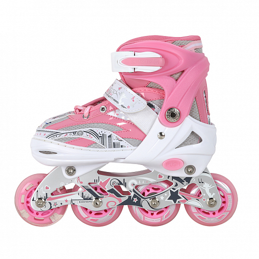 Коньки роликовые раздвижные, полиуретановые колеса, первое колесо светящееся, размер S 30-33, цвет розовый в Джамбо Тойз #4