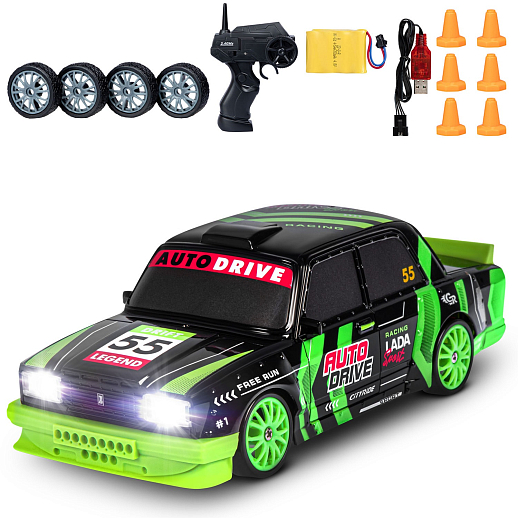 AUTODRIVE Р/У Машина для дрифта LADA 2105,М1:24,2.4GHz,4WD,свет фар,4 доп.колеса,конусы,с аккум.,цв. черный с зелеными акцентами,в/к 24*10,3*23,7см в Джамбо Тойз #12