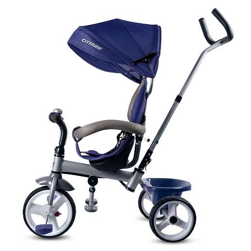 Детский 3хкол. велосипед ”CITYRIDE“ в/к Рама сталь, "колясочная крыша", ручка управления, багажник. Колеса: пласт. 10"/8", подножки-педали. Металл. звонок. Разъемный бампер безопасности. Темно-синий в Джамбо Тойз #3