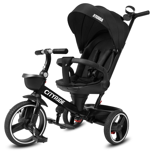 Трехколесные велосипед CITYRIDE, металл,  колеса PVC 12"/10", попрот. наколон. Сиденье с крышей,  род ручка, наклон руль, тормоз, корзинка   в Джамбо Тойз