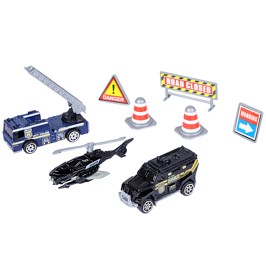 AUTODRIVE Набор металлических машинок, Полицейская техника 3шт с дорожными знаками (вертолет, внедорожник, машина с лестницей) в/к 23*17,5*4см. в Джамбо Тойз #3