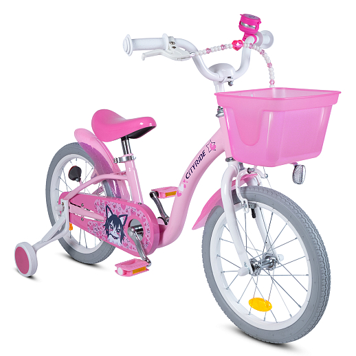 Велосипед двухколёсный CITYRIDE, модель CR-B2-09H, колеса 16", рама сталь, колеса алюминий, балансирные колеса, пластиковая корзинка, оплетка тормозных рубашек в  декортаивных бусинах, цвет розовый в Джамбо Тойз