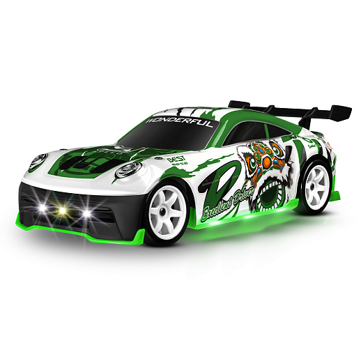Р/у машина для дрифта,1:18, подсветка днища/фар, запасн. колеса, конусы,цвет белый с зелен.,с аккум, в бел.гофрокор. 34*20,5*17,5см в Джамбо Тойз #2