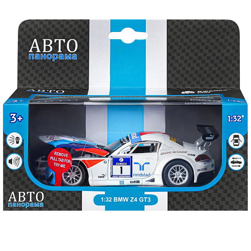 ТМ "Автопанорама" Машинка металлическая 1:32 BMW Z4 GT3, белый, свет, звук, откр. двери и капот, инерция, в/к 17,5*13,5*9 см в Джамбо Тойз #20