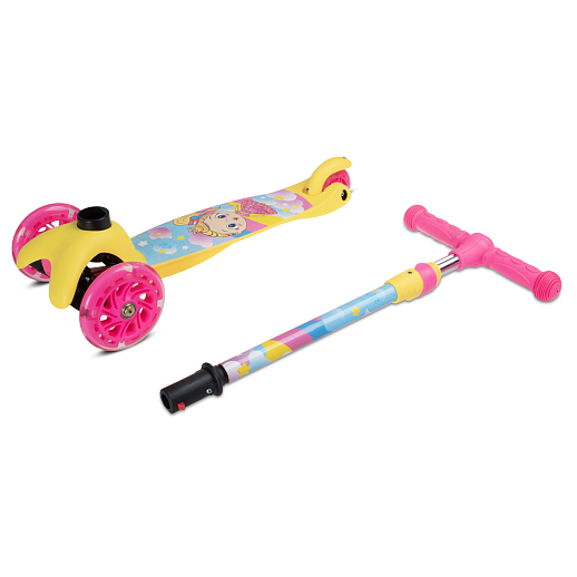 Трехколесный самокат "CITYRIDE" в/п, телескопический руль металл, колеса PU 120/76 со светодиодами, Abec-5, размер 53х23х70 см, до 35 кг, от 3 лет. Желтый с принтом. в Джамбо Тойз #5