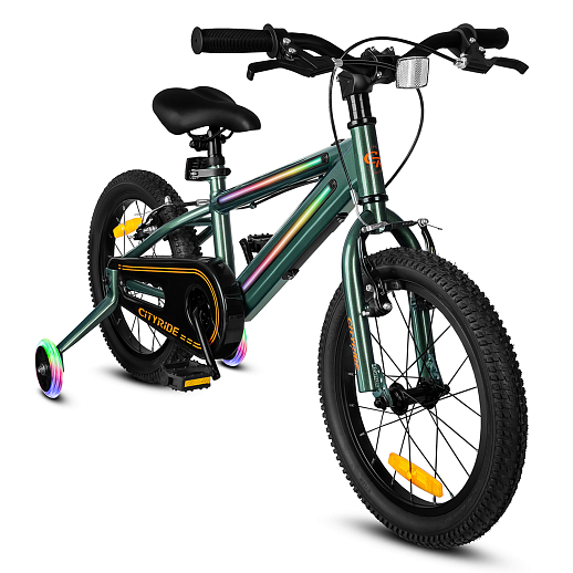 Велосипед двухколесный CITYRIDE, модель CR-B2-10FU, рама сталь, колеса алюминий 16", v-brake тормоза, встроенная в раму подсветка, балансирные колёса, цвет зеленый в Джамбо Тойз