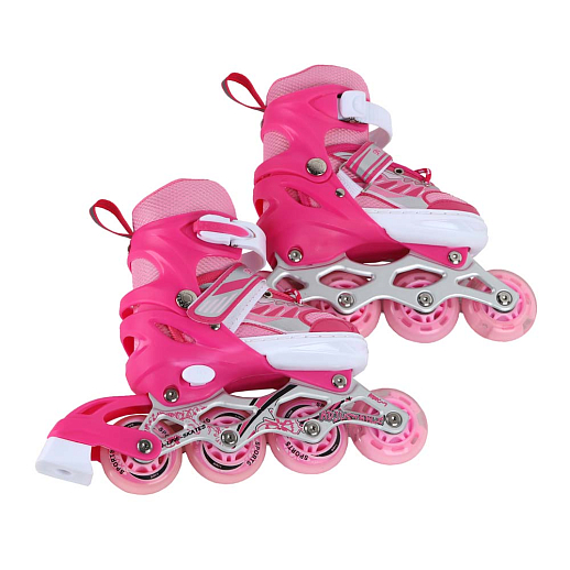 Коньки роликовые раздвижные, полиуретановые колеса, первое колесо светящееся, размер S (28-33), цвет розовый в Джамбо Тойз #3