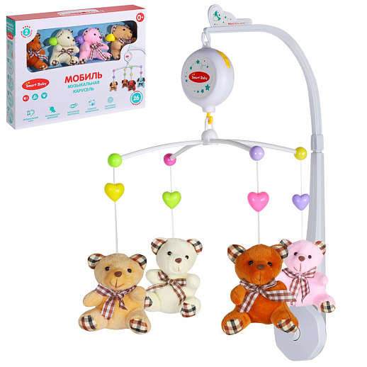 Мобиль на кроватку ТМ "Smart Baby" музыкальная карусель с мягкими игрушками, со звуком, на батарейках, в/к 38х6,5х28,5 см в Джамбо Тойз