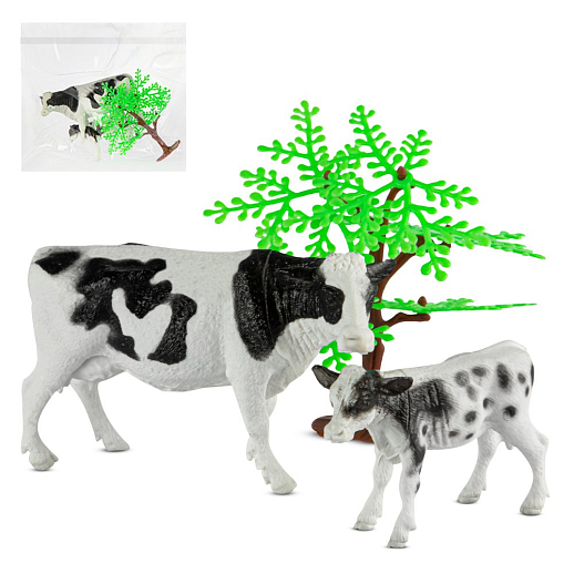 Серия "Животные планеты Земля", набор "Мама и малыш" Коровы 2 шт (3 предмета) 8-12 см в/п 21х21 см в Джамбо Тойз